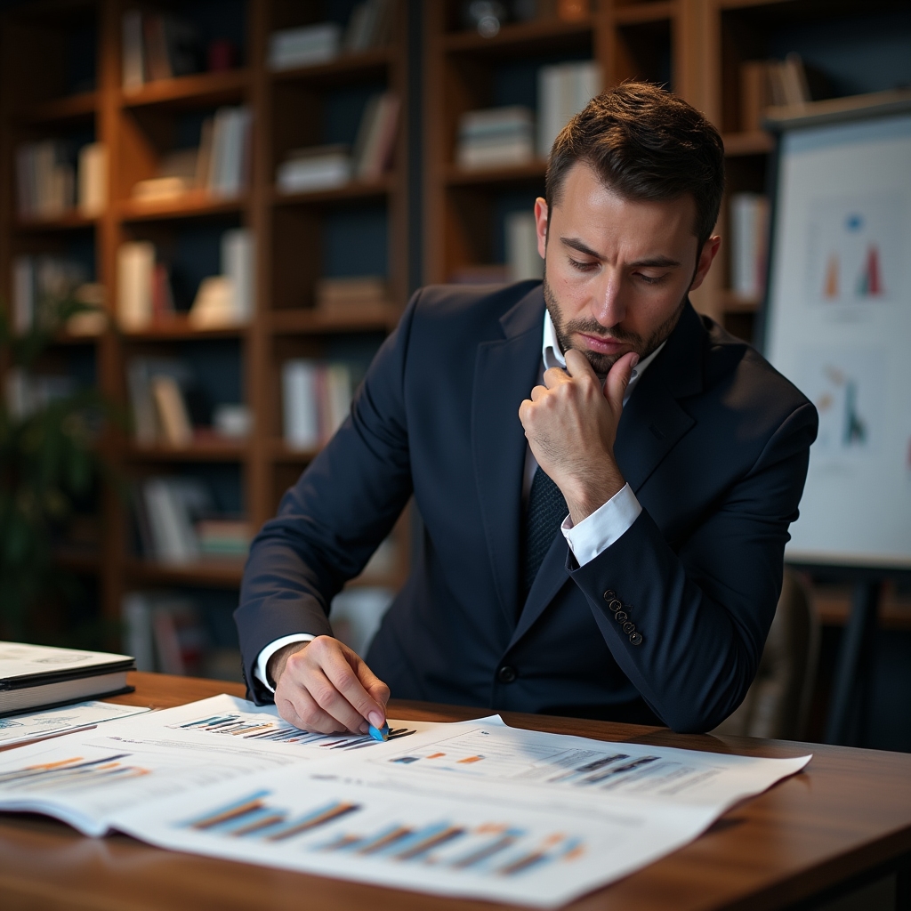 Руководитель изучает аналитические отчёты по продажам